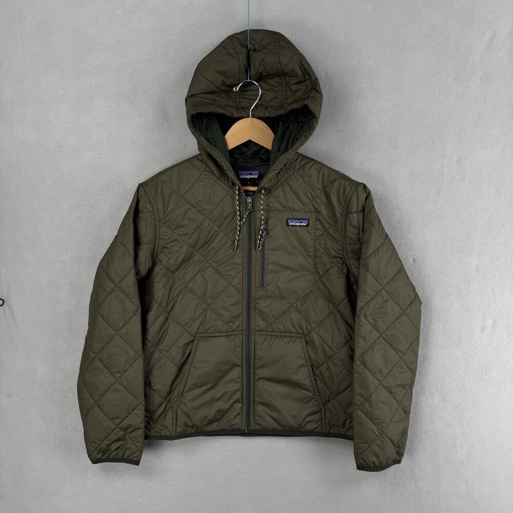 Patagonia Jacket Womens Medium Green Diamond Quilted Bomber Hoody Zip Puffer